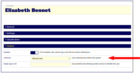 User authority level field: under Control in the user s profile.