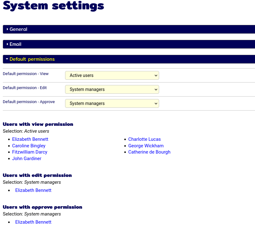 Screenshot showing permission fields on the system settings page