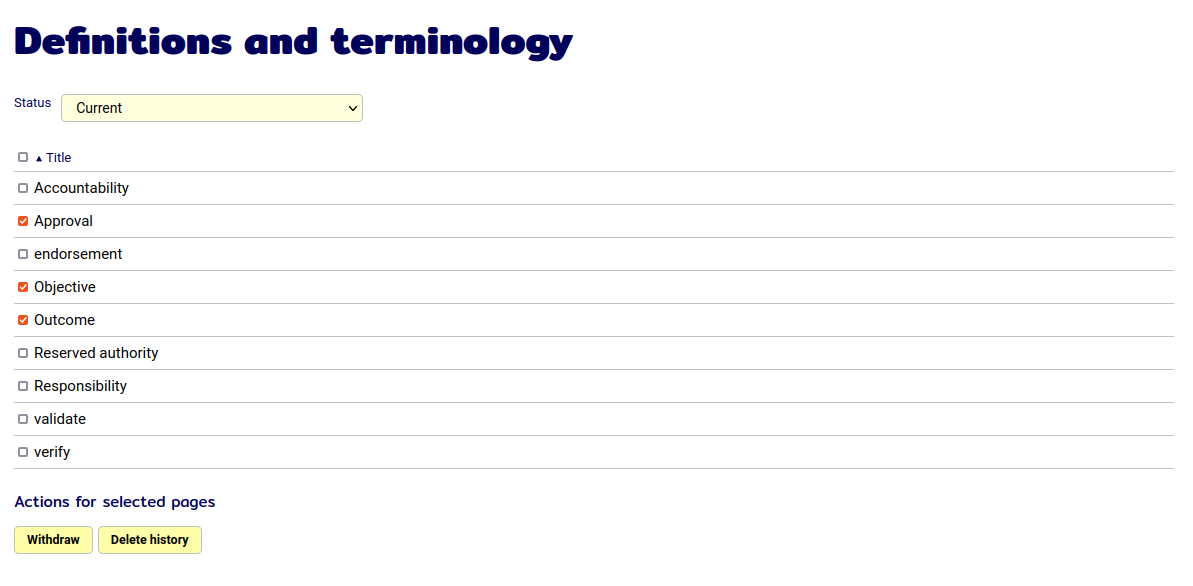 Page type listing showing pages selected for actions to be carried out