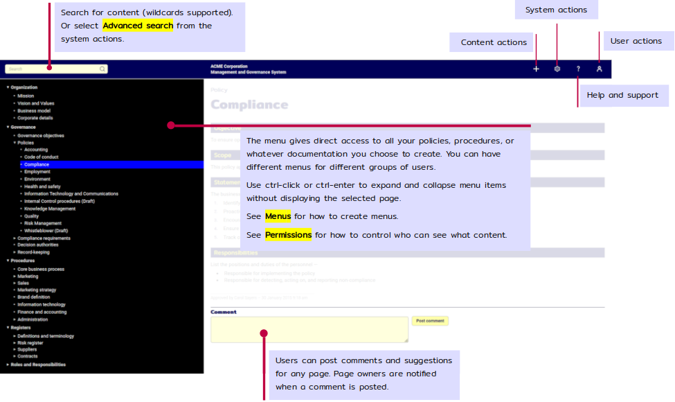 Screen shot showing the standard layout of the Phrontex screen