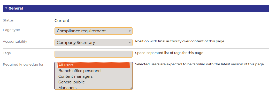 Screen shot showing page properties with required knowledge selection