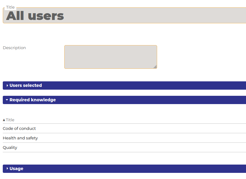 Screen shot showing required knowledge listing for a user group
