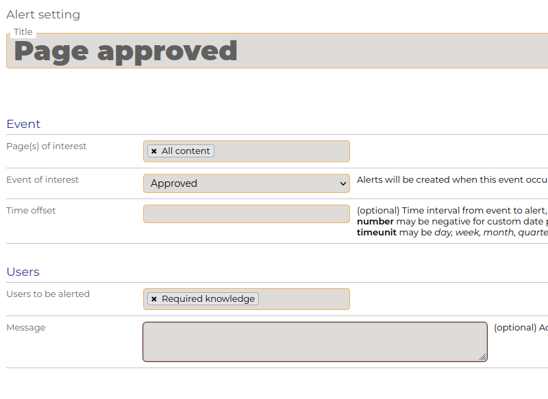 Screen shot showing settings for an alert: all content, approved, required knowledge